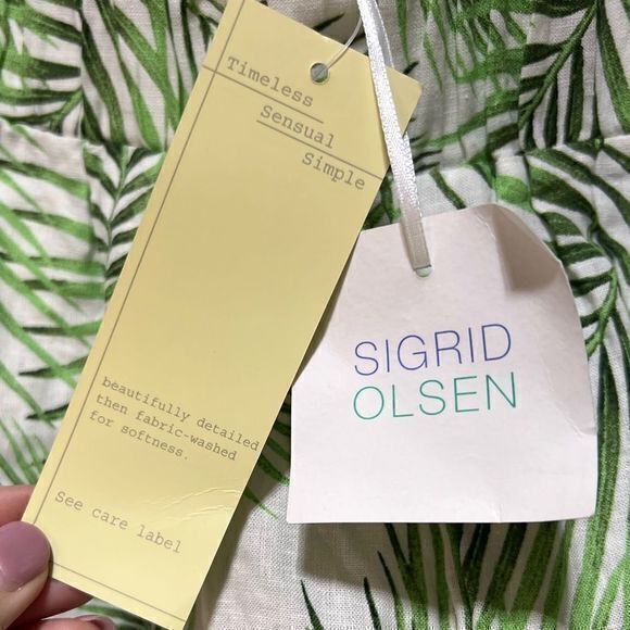 NWT Sigrid Olson Shorts Pull On Elastic Waist Linen Blend Green White Leaf Large - Picture 6 of 6